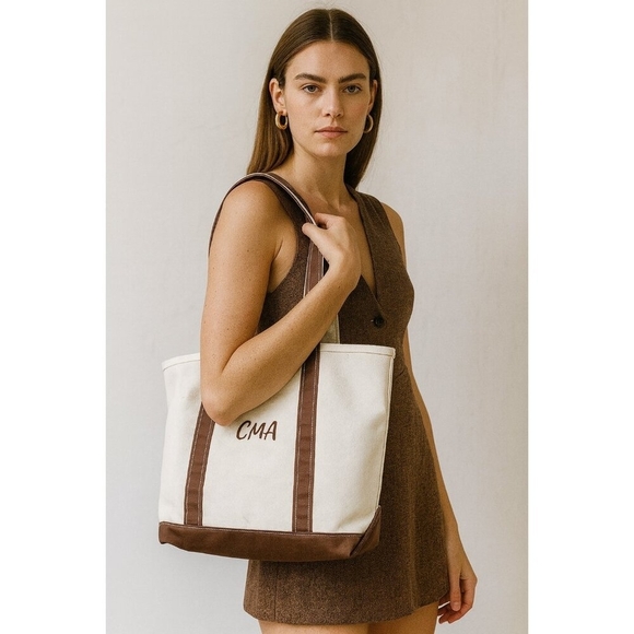 L.L. Bean Handbags - L.L.Bean Boat and Tote Canvas Bag Small White Brown Monogram CMA Made in USA